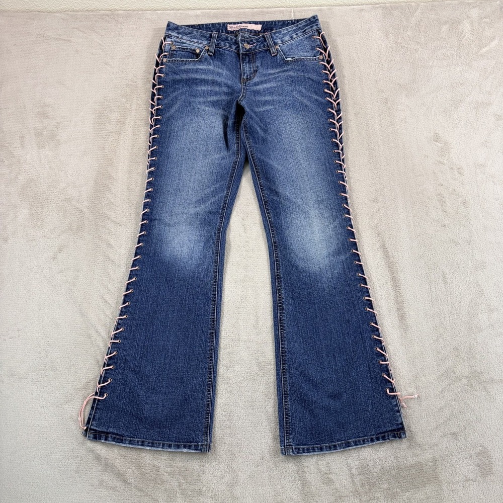 Mudd Lace Up Side Flare Jeans Women‎ 7 (30x31) Blue Low Rise Denim Y2K